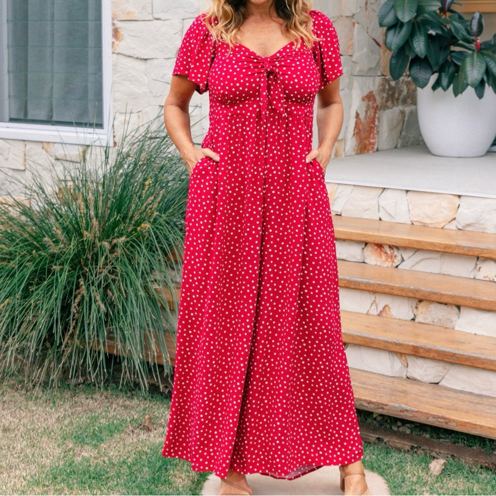 Vibrant Red Wide-Leg Jumpsuit with Polka Dots